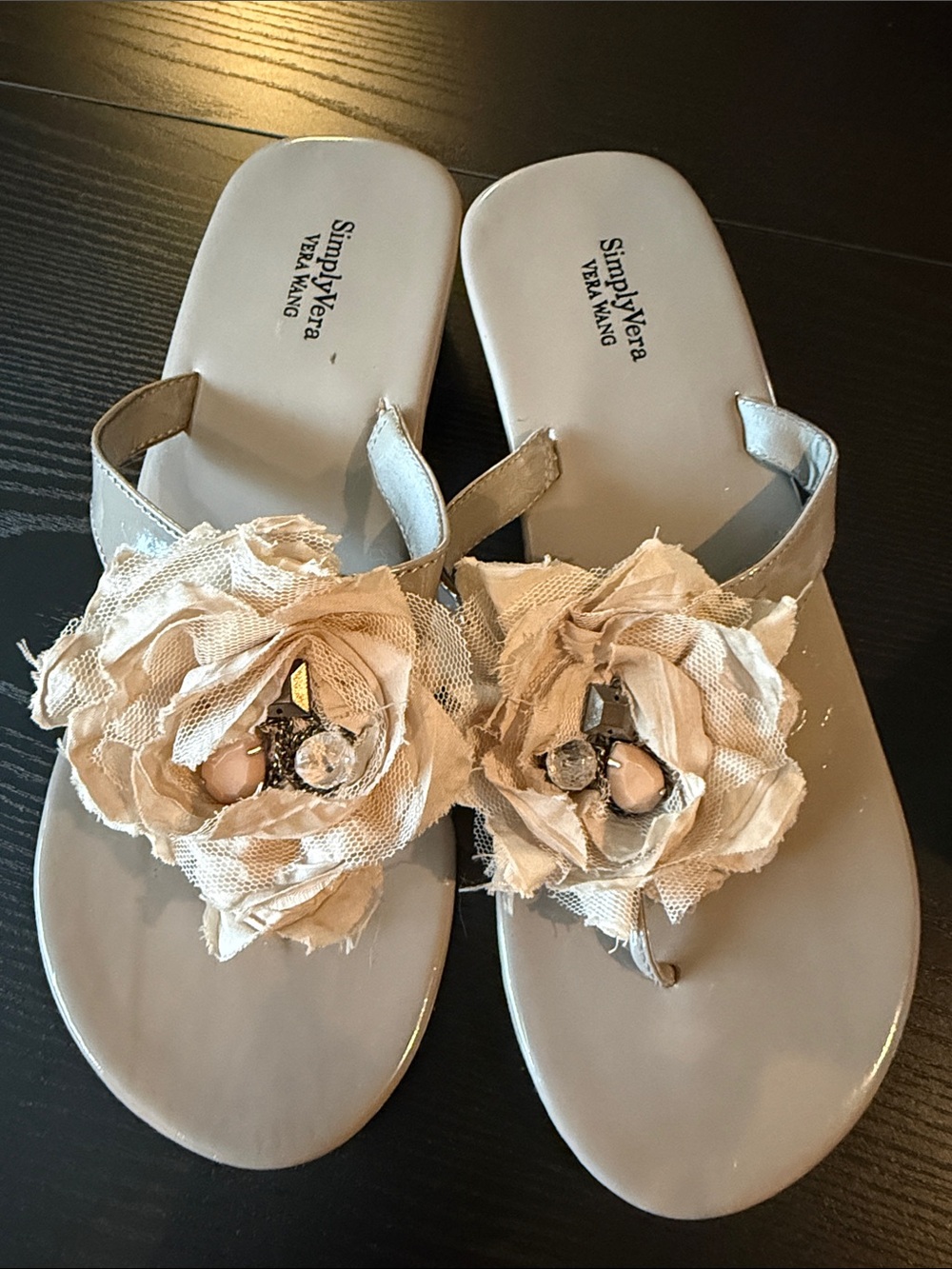 Simply Vera Vera Wang Beige Floral Slide Sandals with Gem Accents